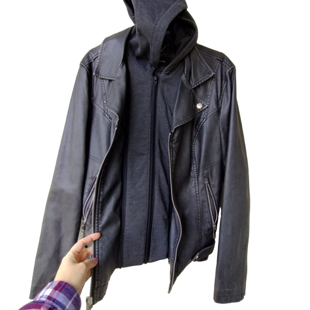 Black Rivet Vegan Leather Removable Hoodie Moto Jacket - Fits M - Carchoal/Black - Picture 11 of 16